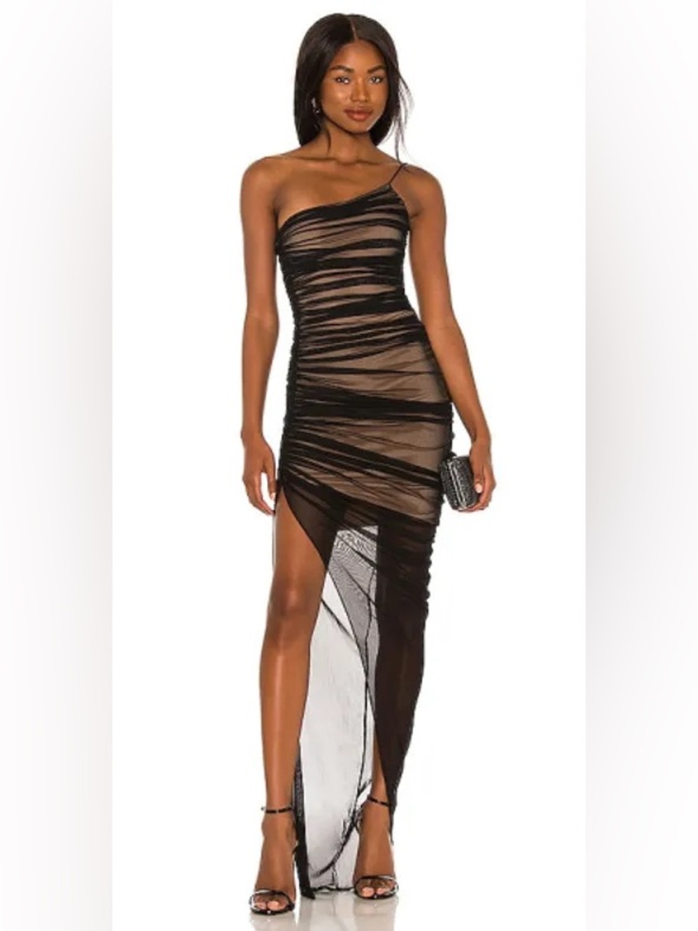 Nookie Mecca Black One-Shoulder Sheer Ruched Asymmetric Gown ❤️❤️